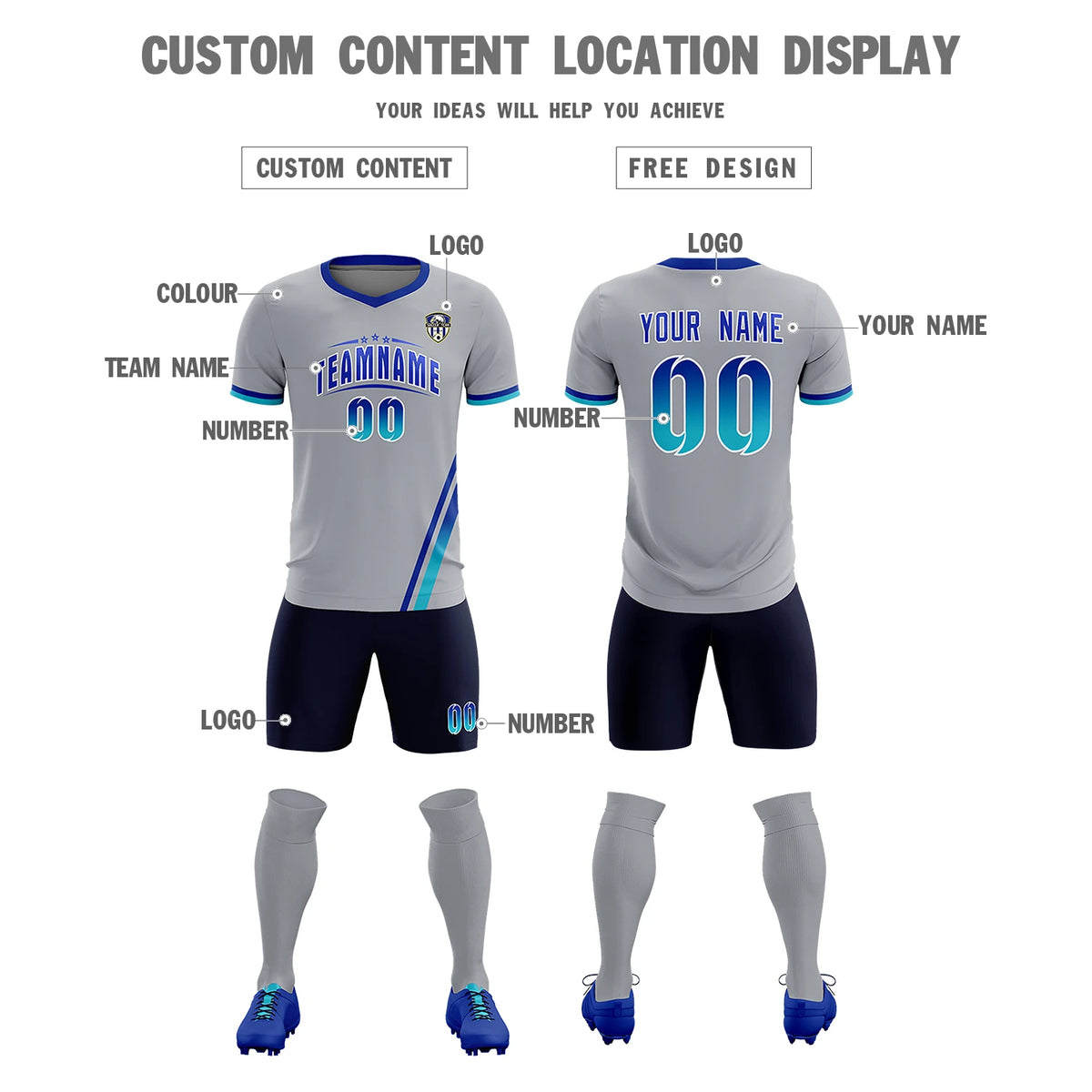 Custom Gray Royal Blue-Sky Blue Gradient Fashion Sportswear Soccer Sets Jersey
