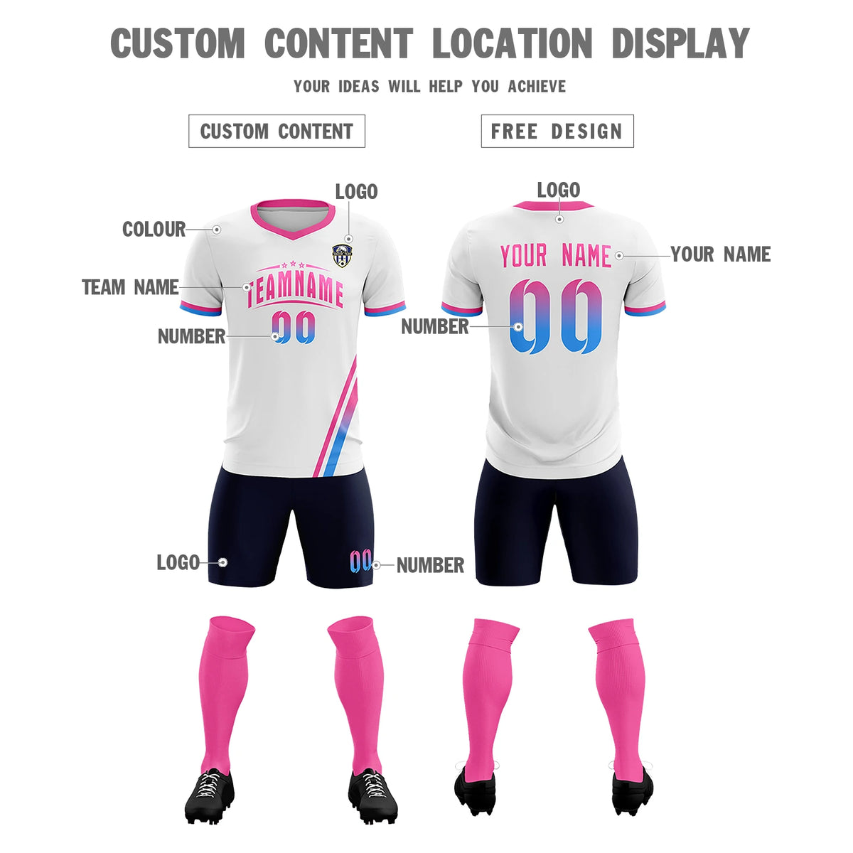 Custom White Pink-Powder Blue Gradient Fashion Sportswear Soccer Sets Jersey