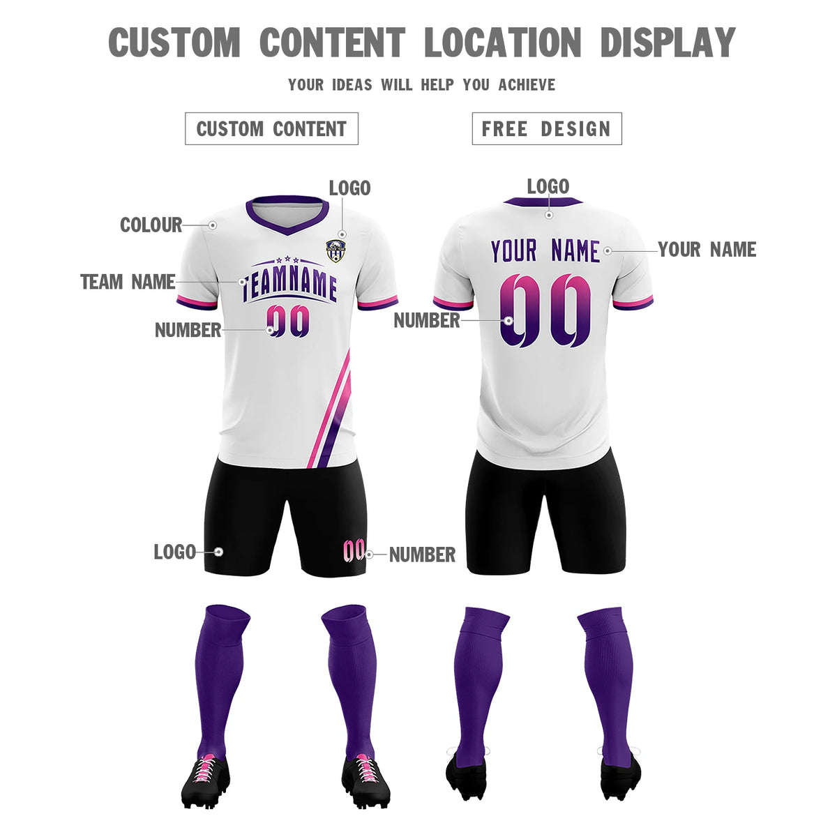 Custom White Pink-Purple Gradient Fashion Sportswear Soccer Sets Jersey
