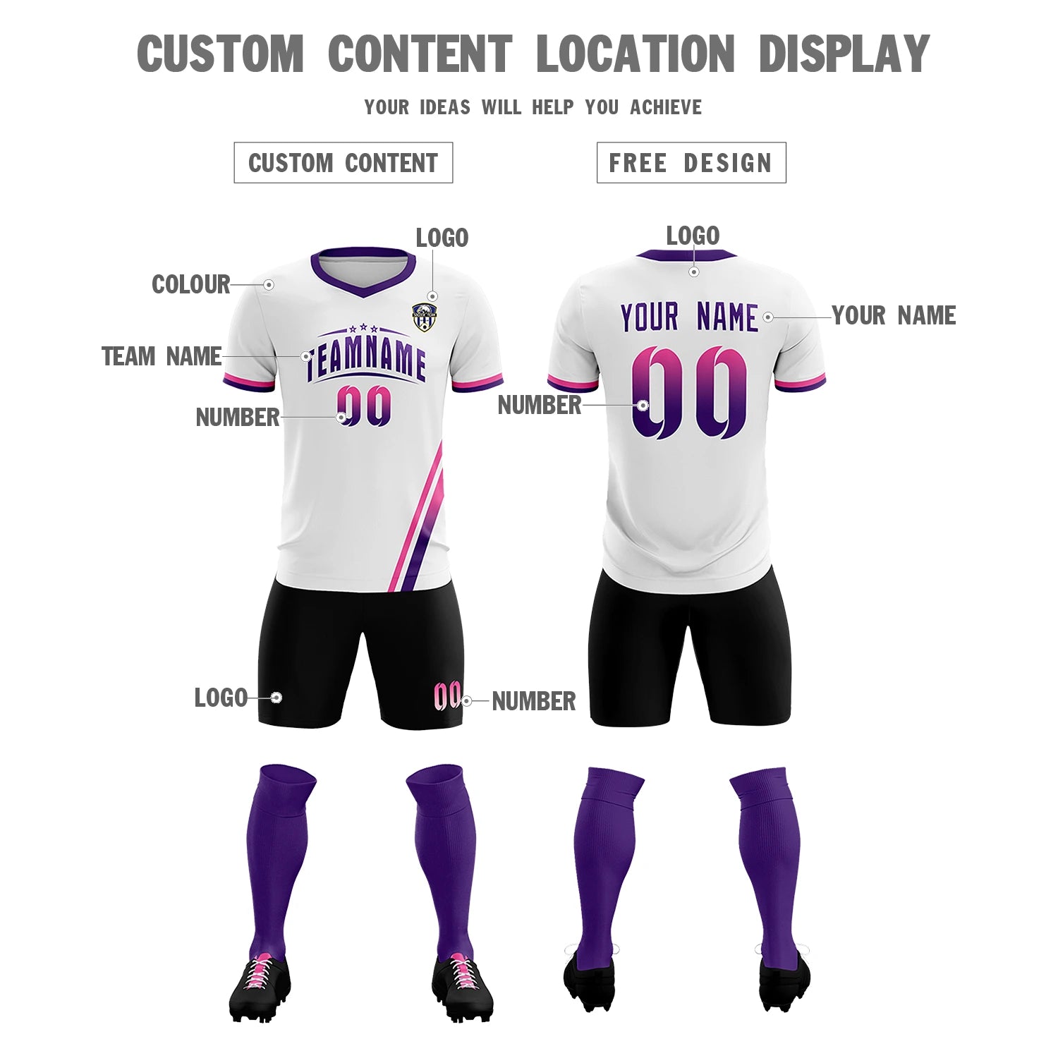 Custom White Pink-Purple Gradient Fashion Sportswear Soccer Sets Jersey