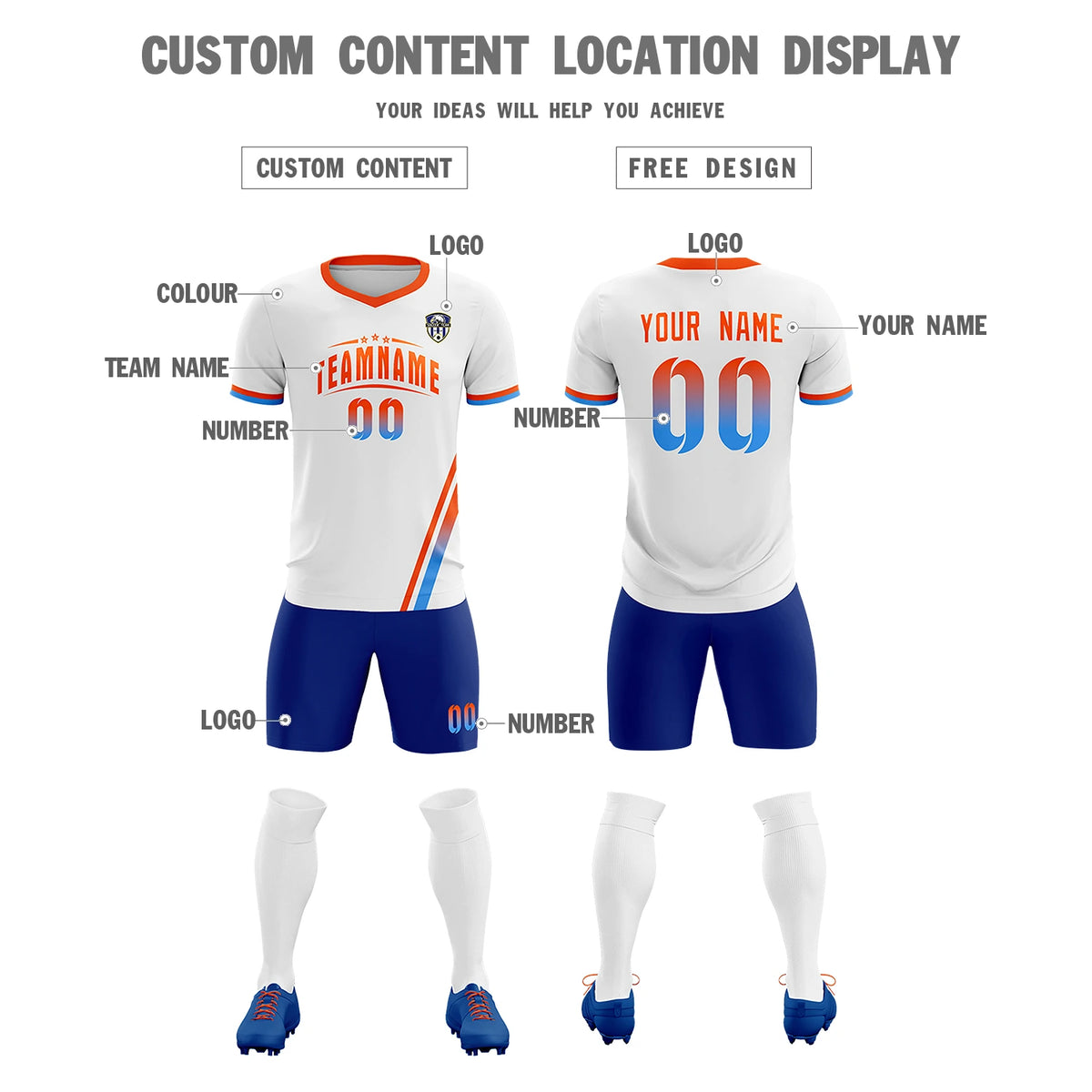 Custom White Orange-Powder Blue Gradient Fashion Sportswear Soccer Sets Jersey