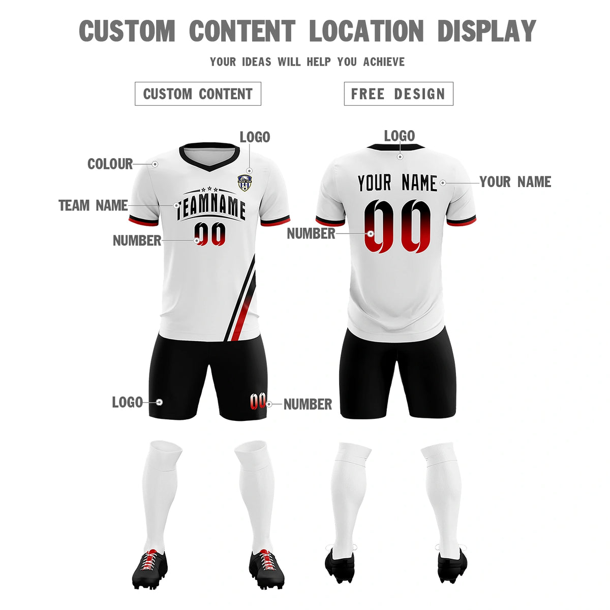 Custom White Black-Red Gradient Fashion Sportswear Soccer Sets Jersey