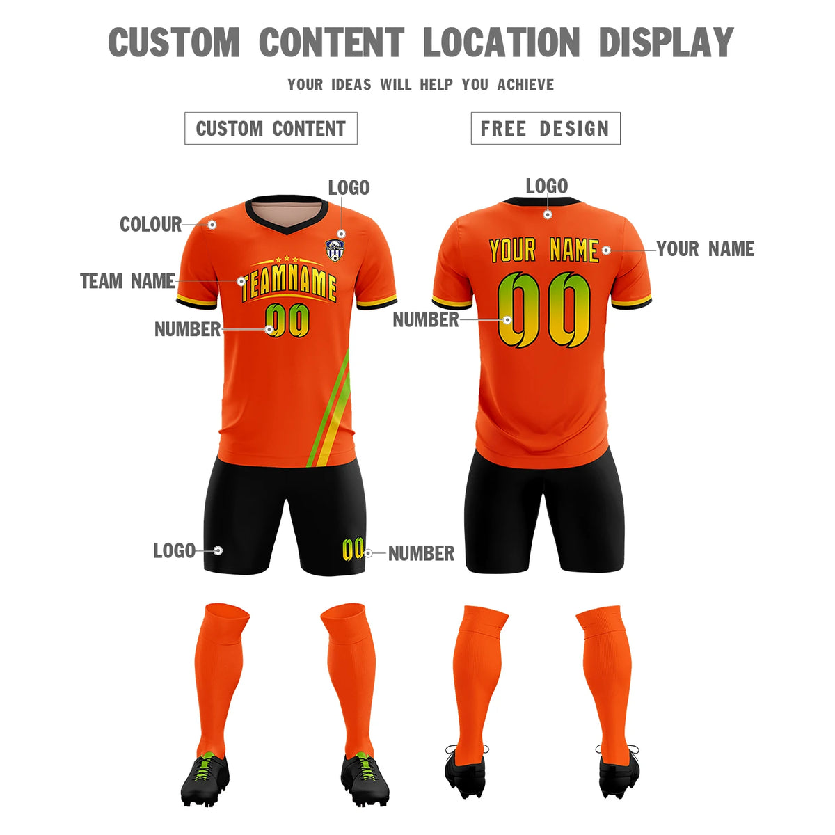 Custom Orange Neon Green-Gold01 Gradient Fashion Sportswear Soccer Sets Jersey