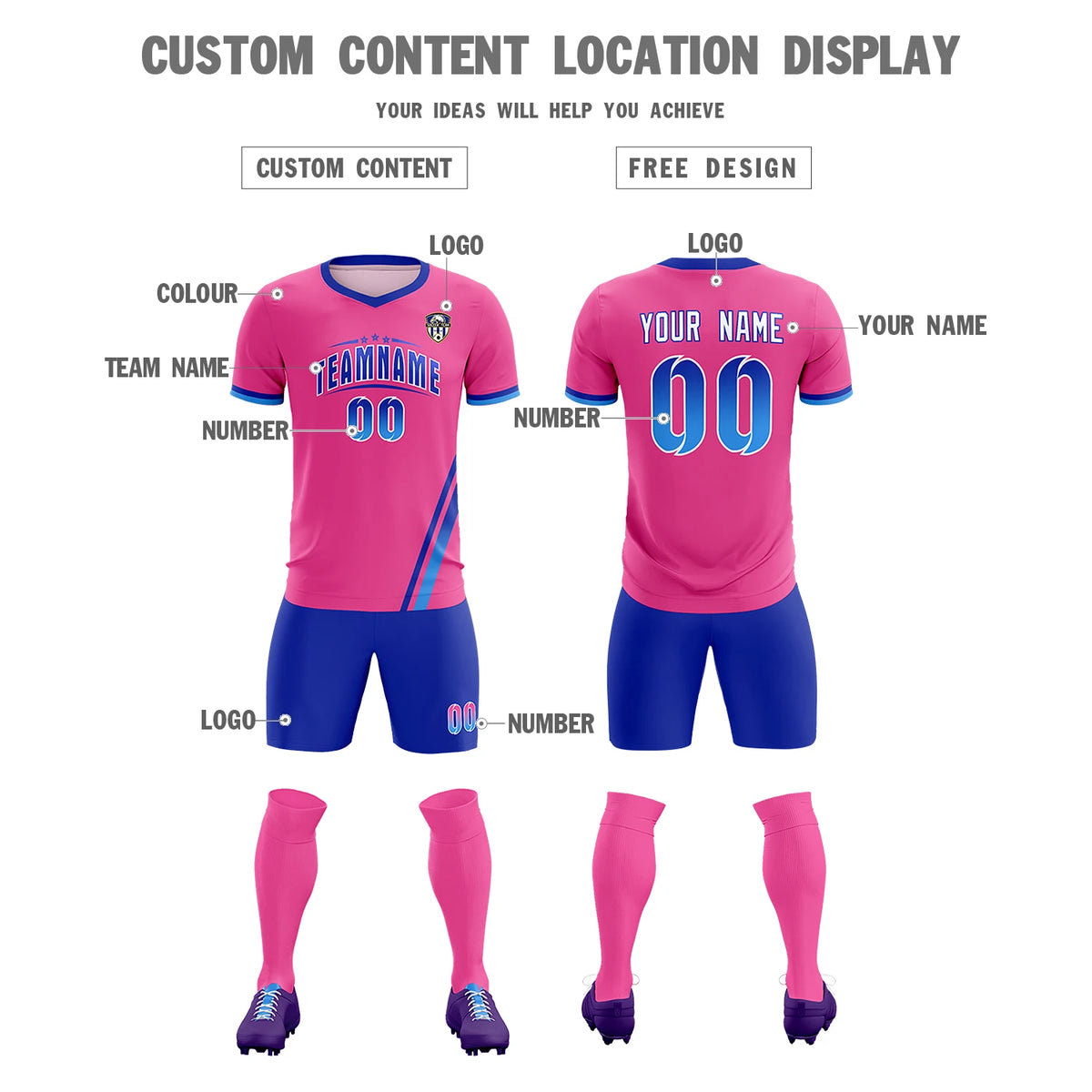 Custom Pink Royal Blue-Powder Blue Gradient Fashion Sportswear Soccer Sets Jersey