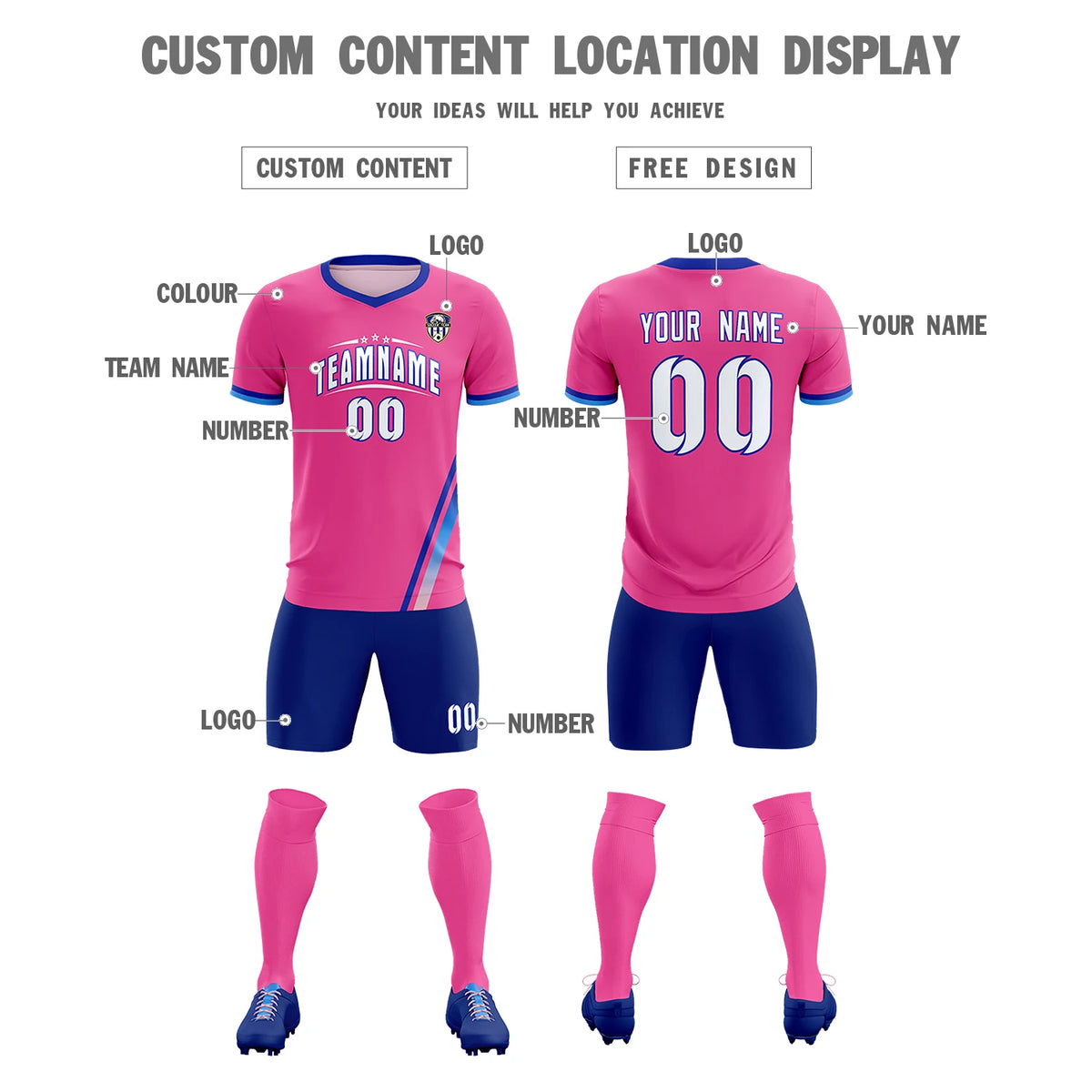 Custom Pink Royal Blue-Powder Blue Gradient Fashion Sportswear Soccer Sets Jersey