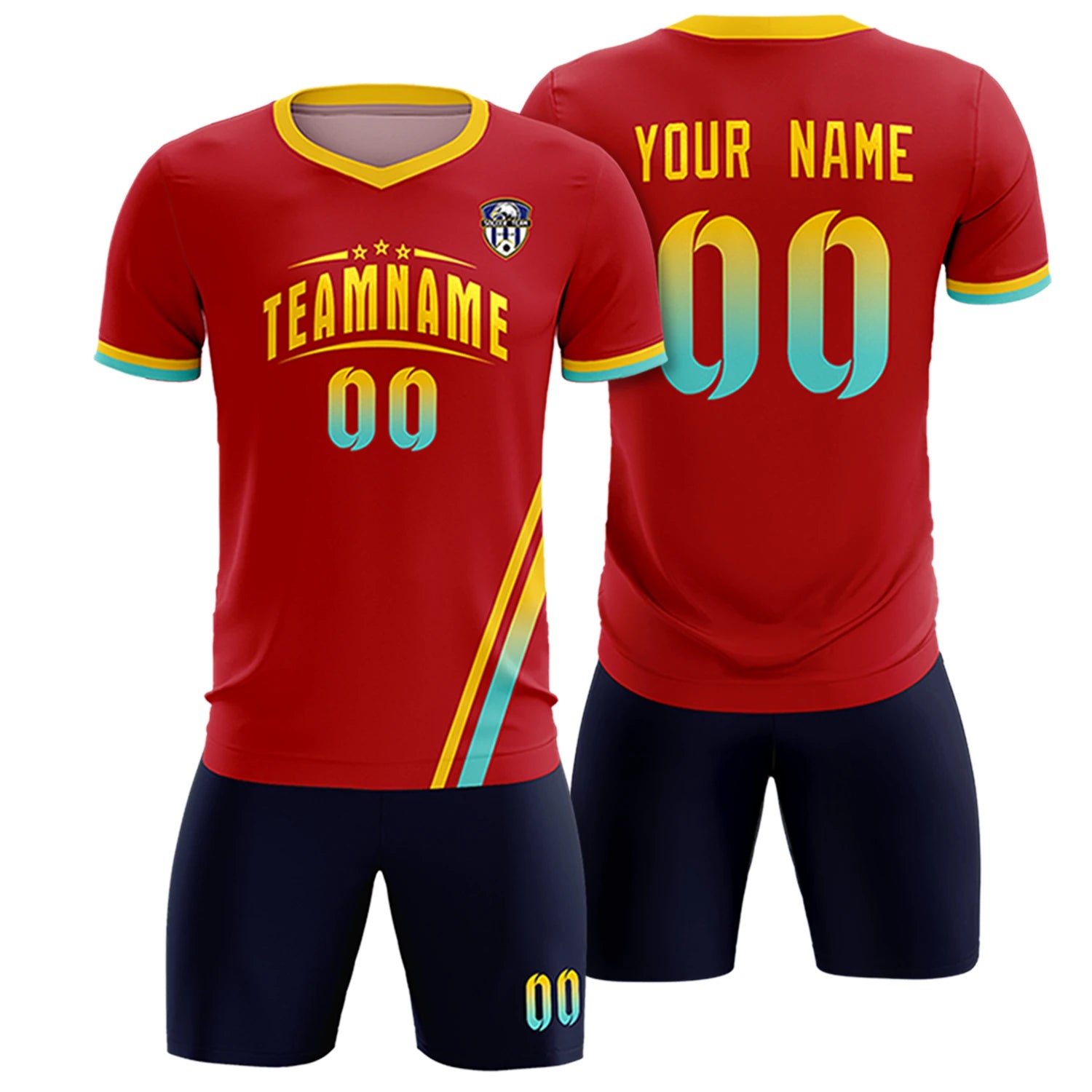 Custom Red Gold01-Aqua Gradient Fashion Sportswear Soccer Sets Jersey