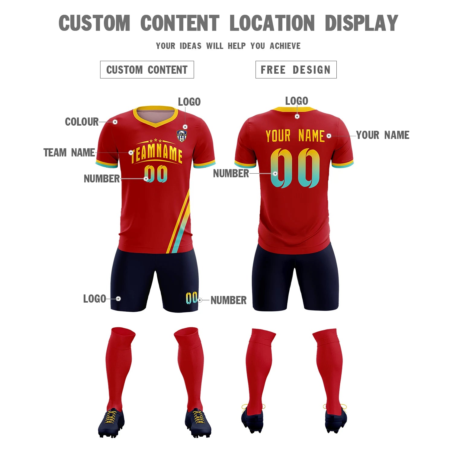 Custom Red Gold01-Aqua Gradient Fashion Sportswear Soccer Sets Jersey