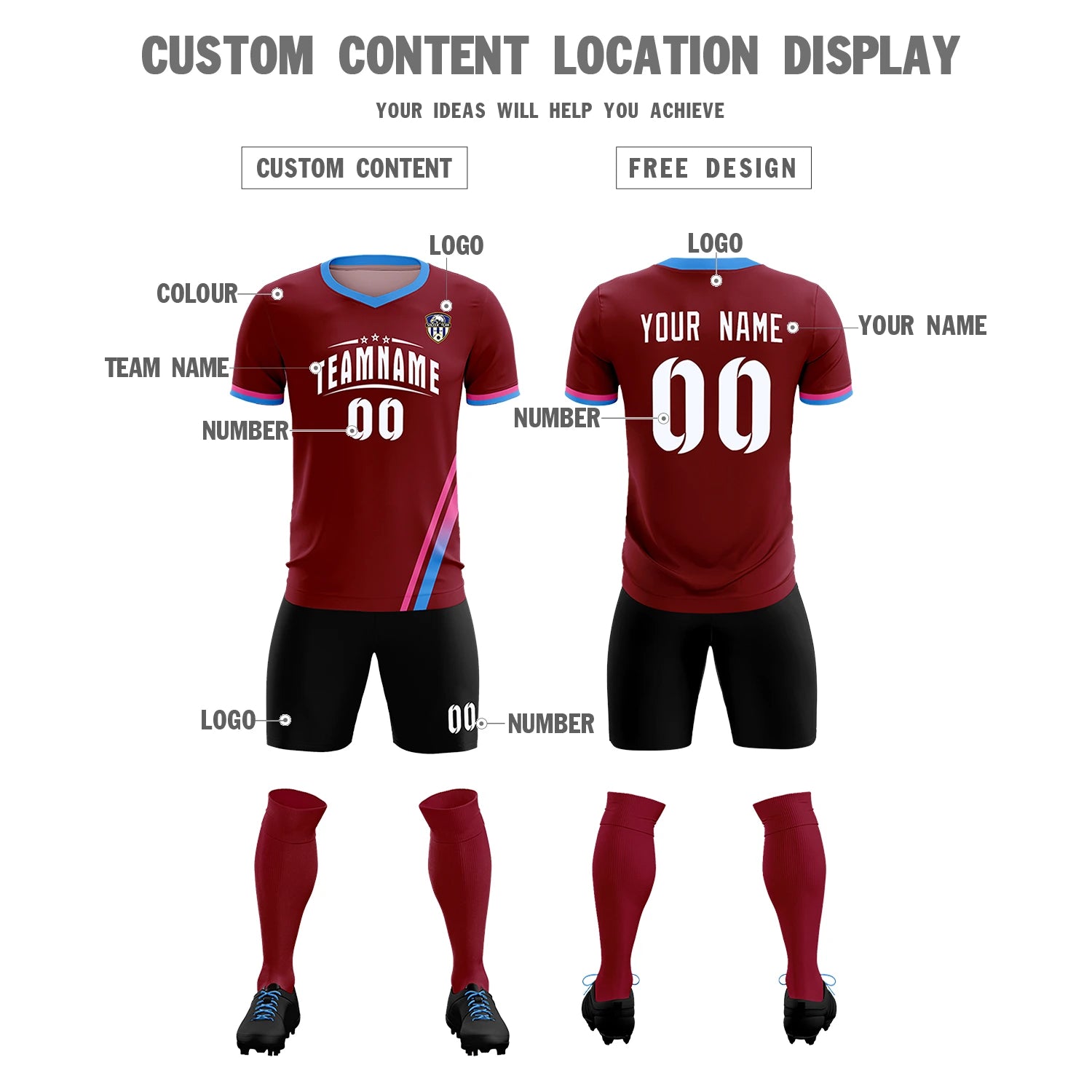 Custom Crimson Pink-Powder Blue Gradient Fashion Sportswear Soccer Sets Jersey