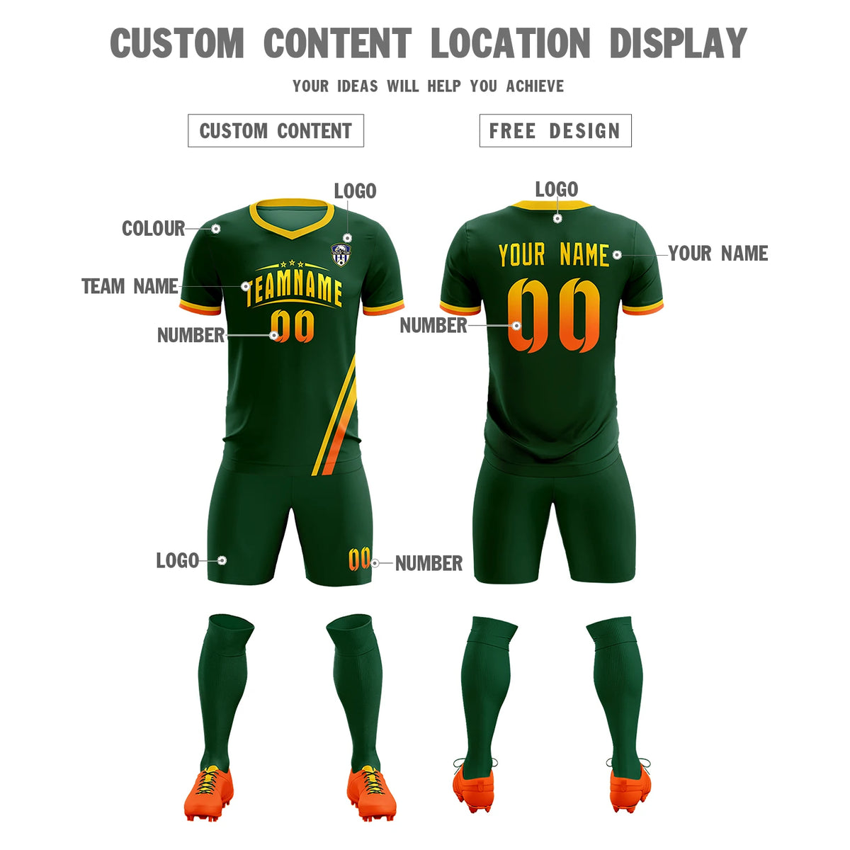 Custom Green Gold01-Orange Gradient Fashion Sportswear Soccer Sets Jersey