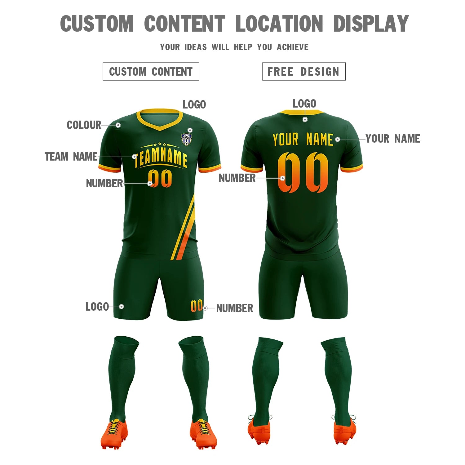 Custom Green Gold01-Orange Gradient Fashion Sportswear Soccer Sets Jersey