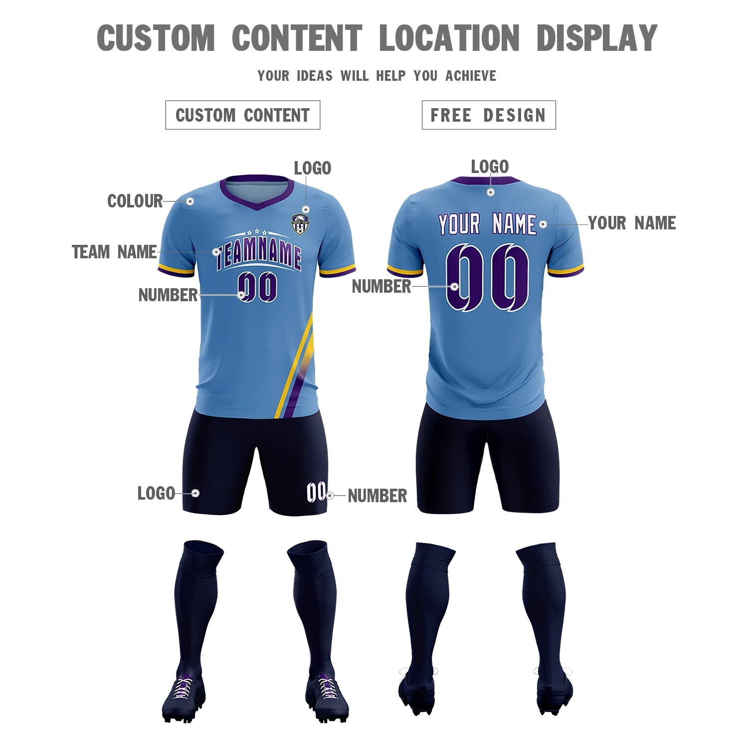 Custom Light Blue Gold01-Purple Gradient Fashion Sportswear Soccer Sets Jersey