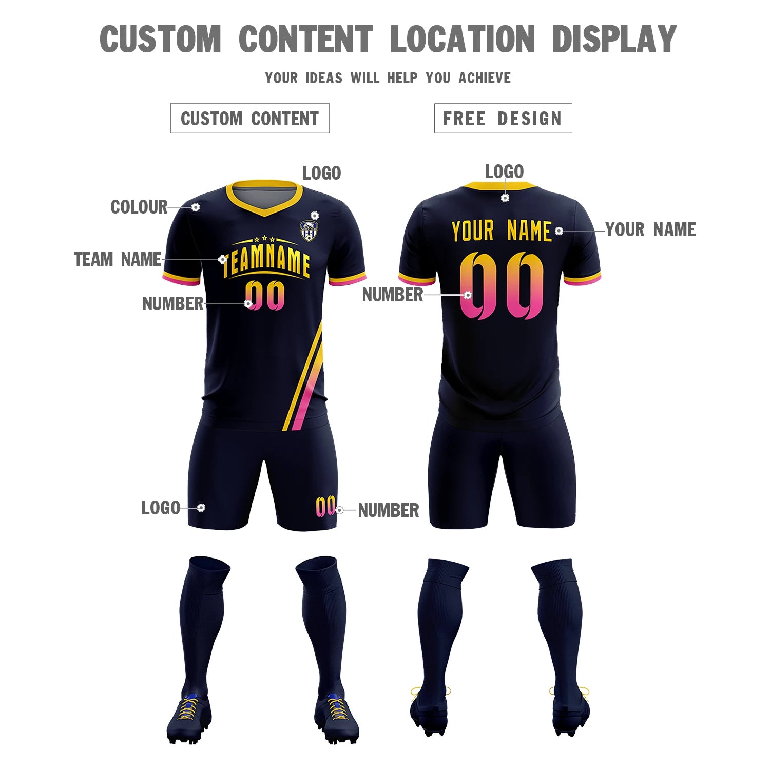 Custom Navy Gold01-Pink Gradient Fashion Sportswear Soccer Sets Jersey