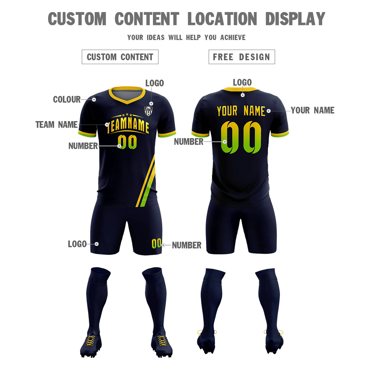 Custom Navy Gold01-Neon Green Gradient Fashion Sportswear Soccer Sets Jersey