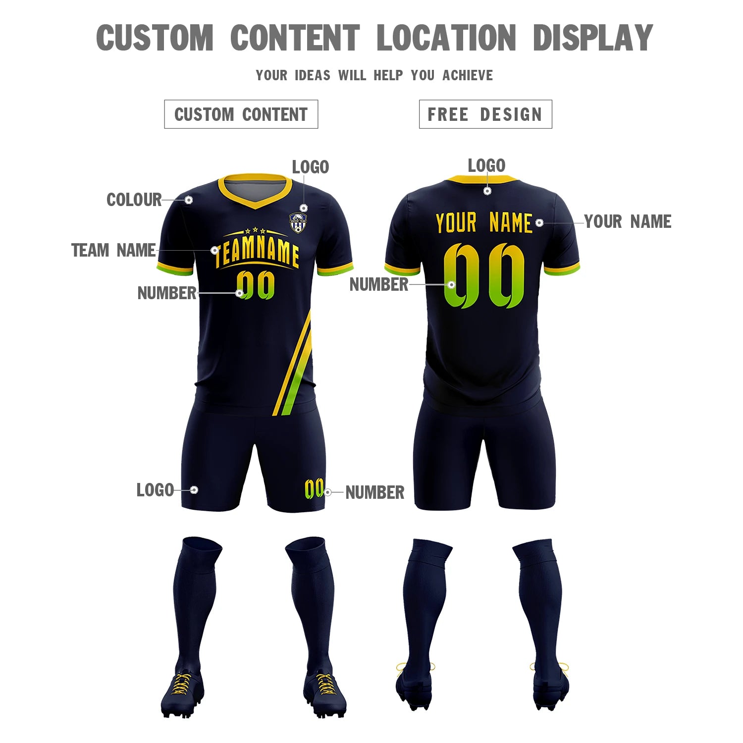 Custom Navy Gold01-Neon Green Gradient Fashion Sportswear Soccer Sets Jersey