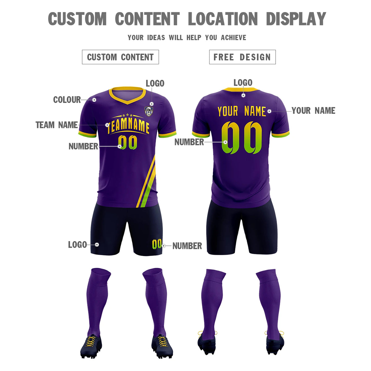 Custom Purple Gold01-Neon Green Gradient Fashion Sportswear Soccer Sets Jersey