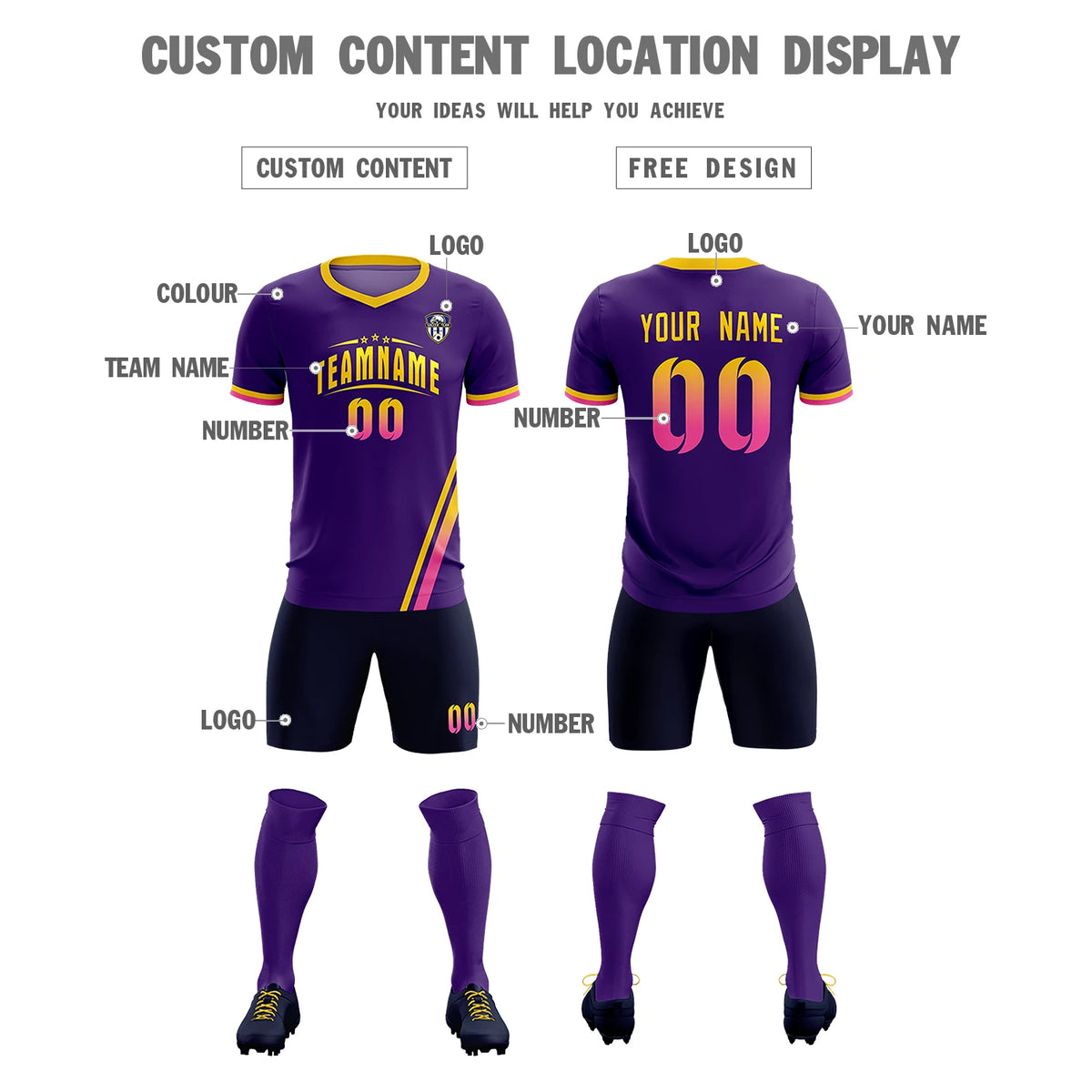 Custom Purple Gold01-Pink Gradient Fashion Sportswear Soccer Sets Jersey