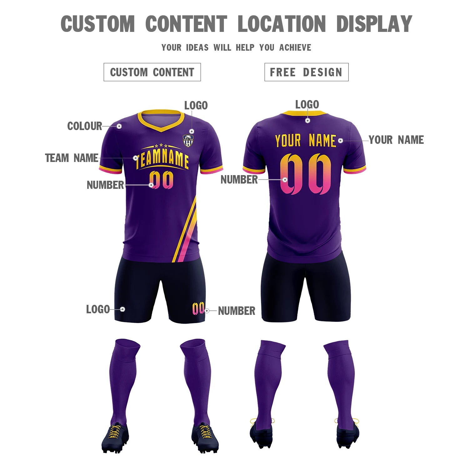 Custom Purple Gold01-Pink Gradient Fashion Sportswear Soccer Sets Jersey
