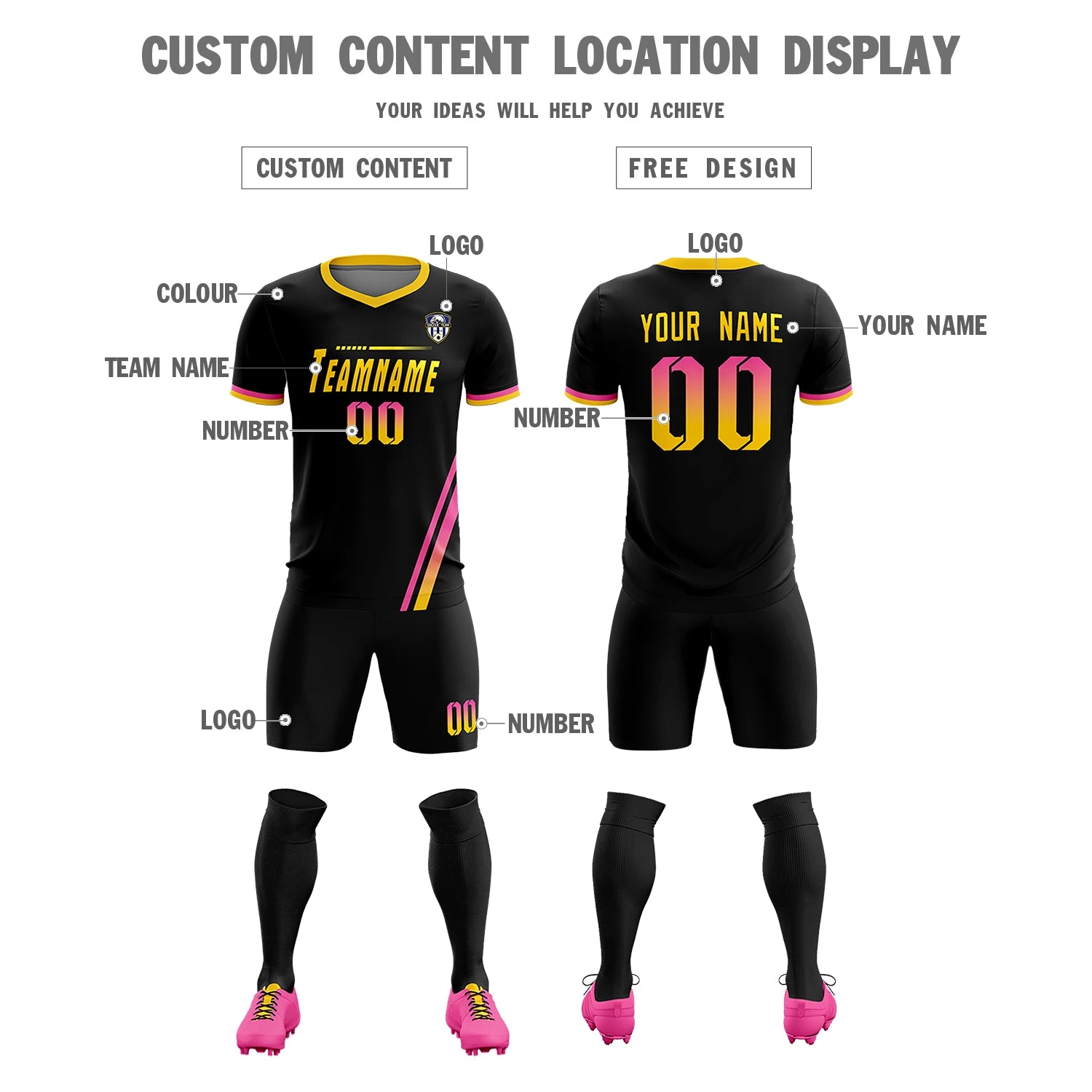 Custom Black Pink-Gold01 Gradient Fashion Sportswear Soccer Sets Jersey