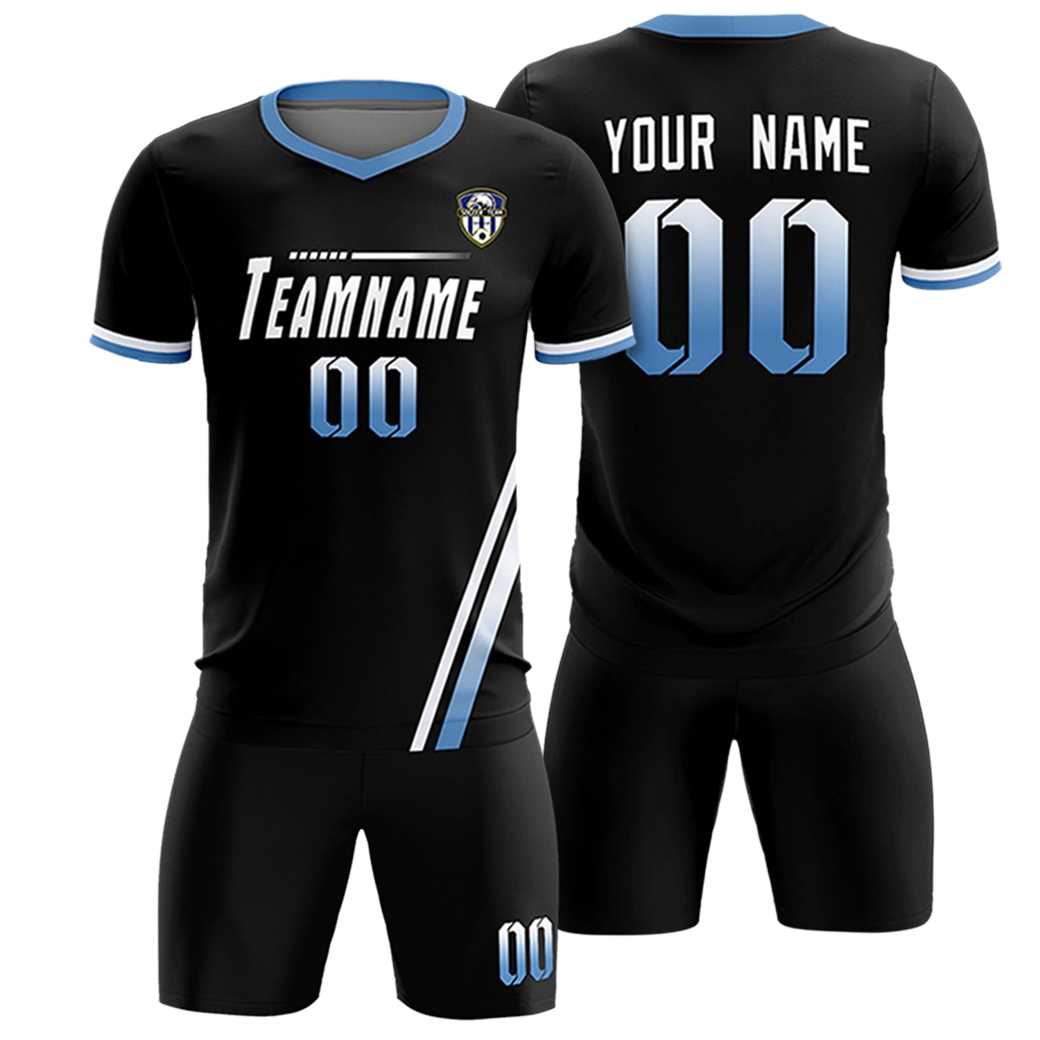 Custom Black White-Light Blue Gradient Fashion Sportswear Soccer Sets Jersey