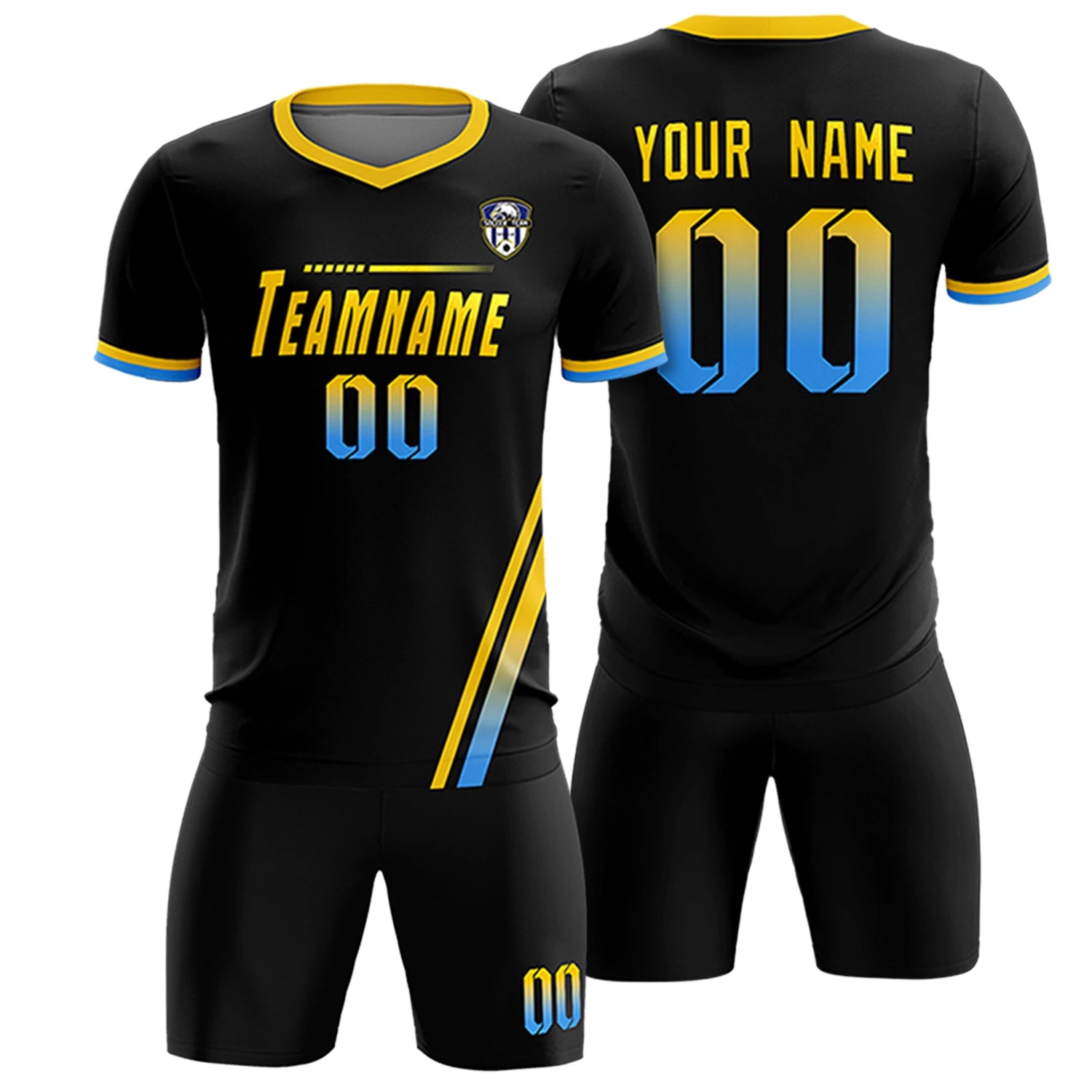 Custom Black Gold01-Powder Blue Gradient Fashion Sportswear Soccer Sets Jersey