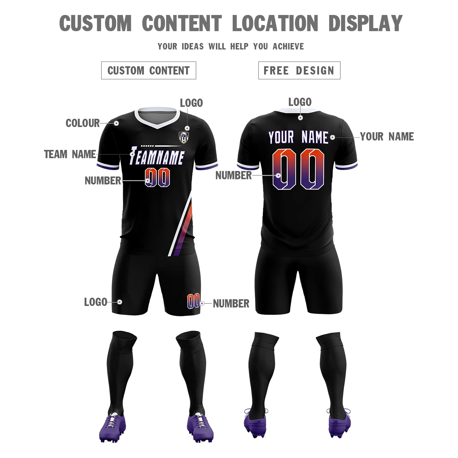 Custom Black White-Orange Gradient Fashion Sportswear Soccer Sets Jersey