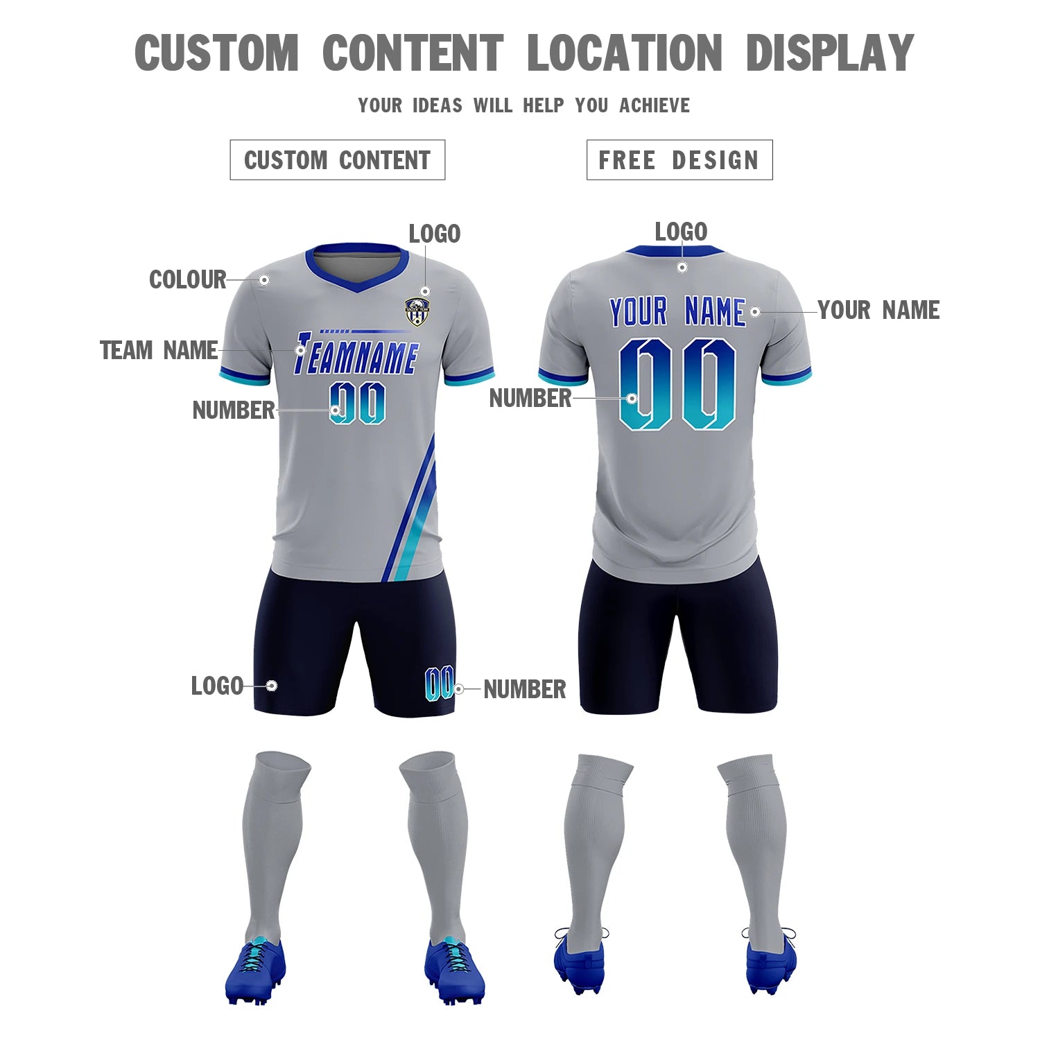 Custom Gray Royal Blue-Sky Blue Gradient Fashion Sportswear Soccer Sets Jersey
