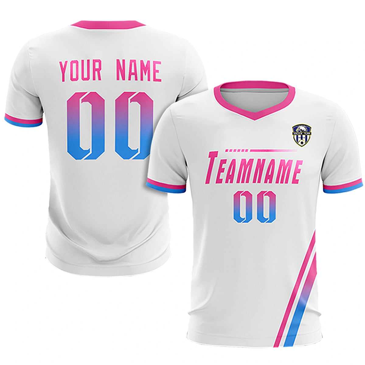 Custom White Pink-Powder Blue Gradient Fashion Sportswear Soccer Sets Jersey