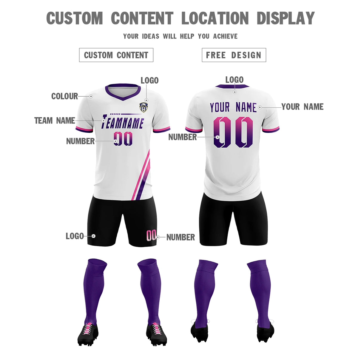 Custom White Pink-Purple Gradient Fashion Sportswear Soccer Sets Jersey