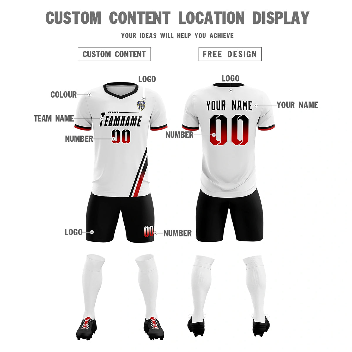 Custom White Black-Red Gradient Fashion Sportswear Soccer Sets Jersey