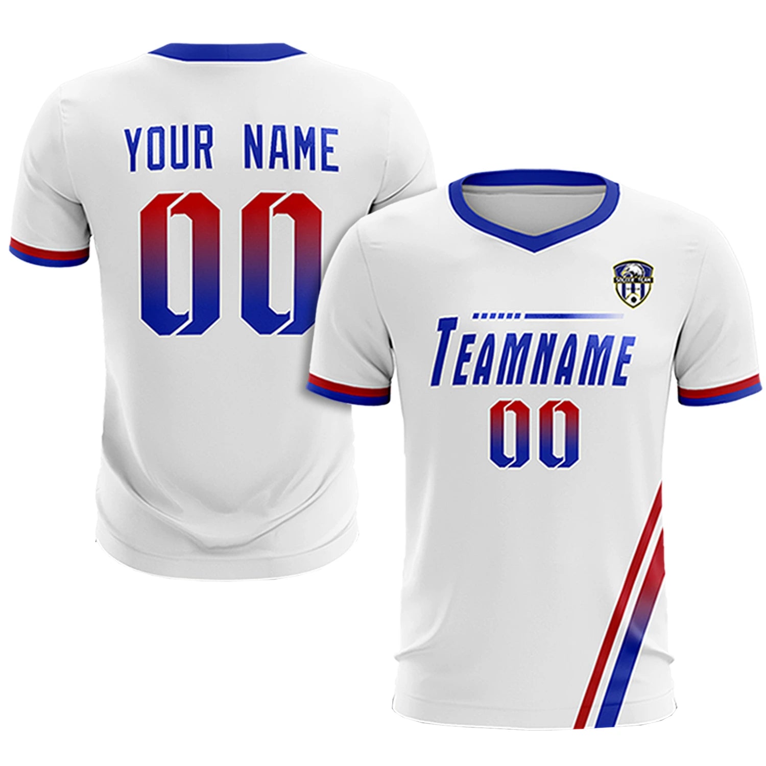 Custom White Red-Royal Blue Gradient Fashion Sportswear Soccer Sets Jersey