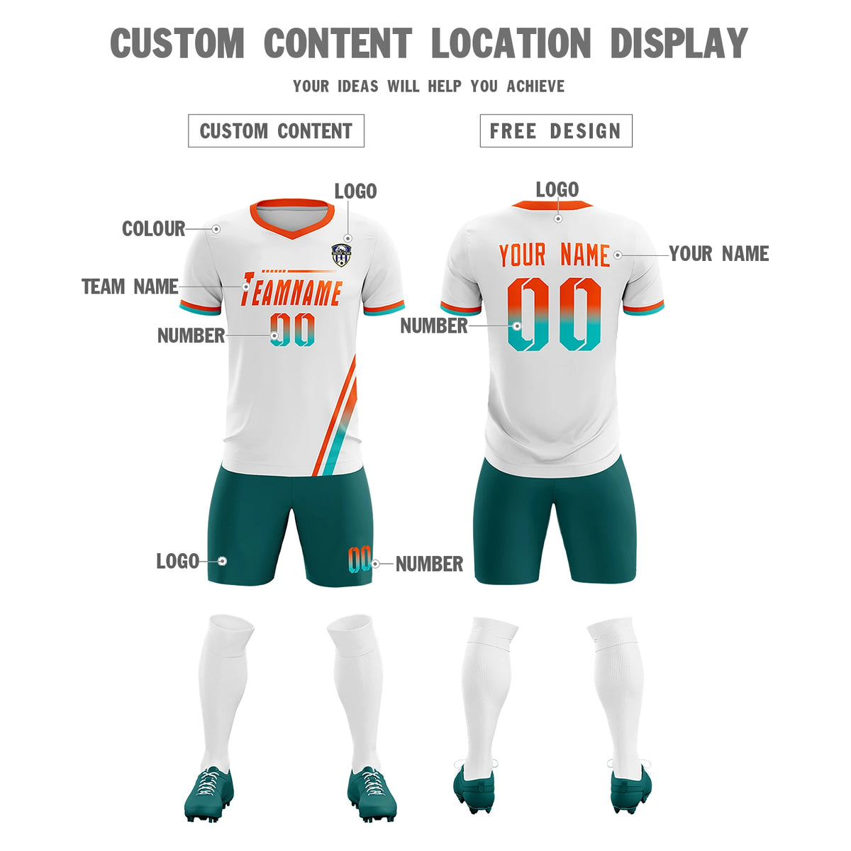 Custom White Orange-Bright Green Gradient Fashion Sportswear Soccer Sets Jersey