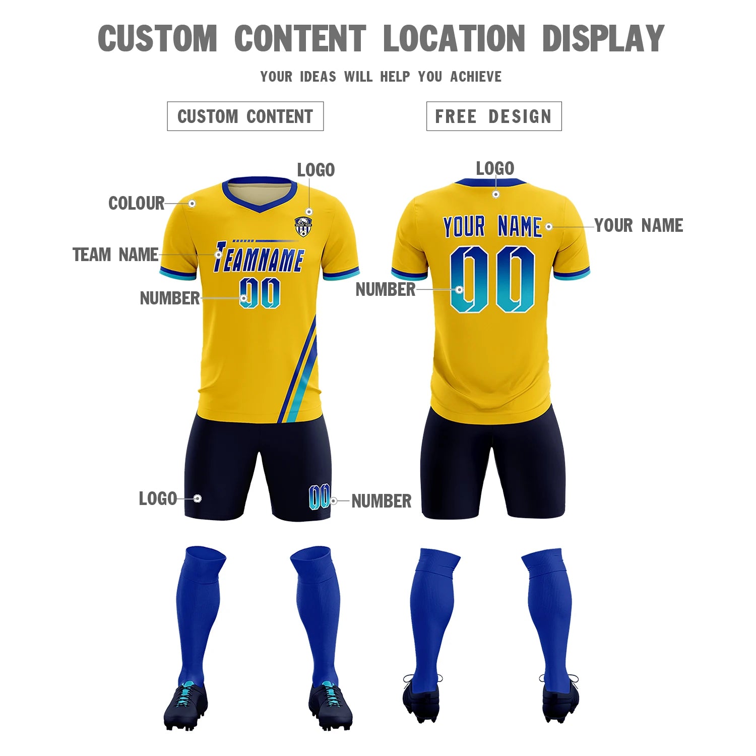 Custom Gold01 Royal Blue-Sky Blue Gradient Fashion Sportswear Soccer Sets Jersey