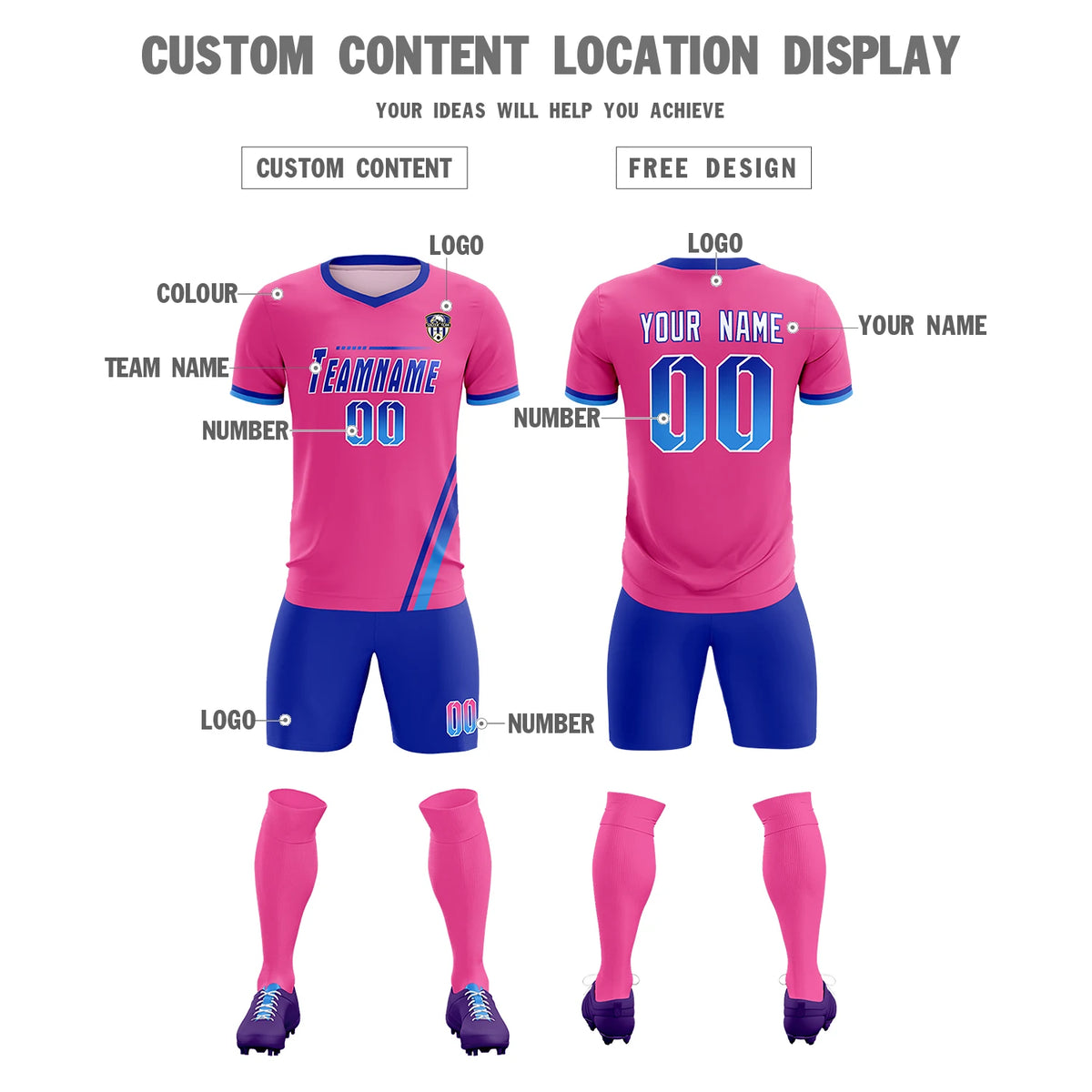 Custom Pink Royal Blue-Powder Blue Gradient Fashion Sportswear Soccer Sets Jersey