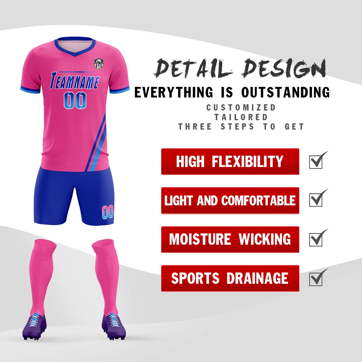 Custom Pink Royal Blue-Powder Blue Gradient Fashion Sportswear Soccer Sets Jersey