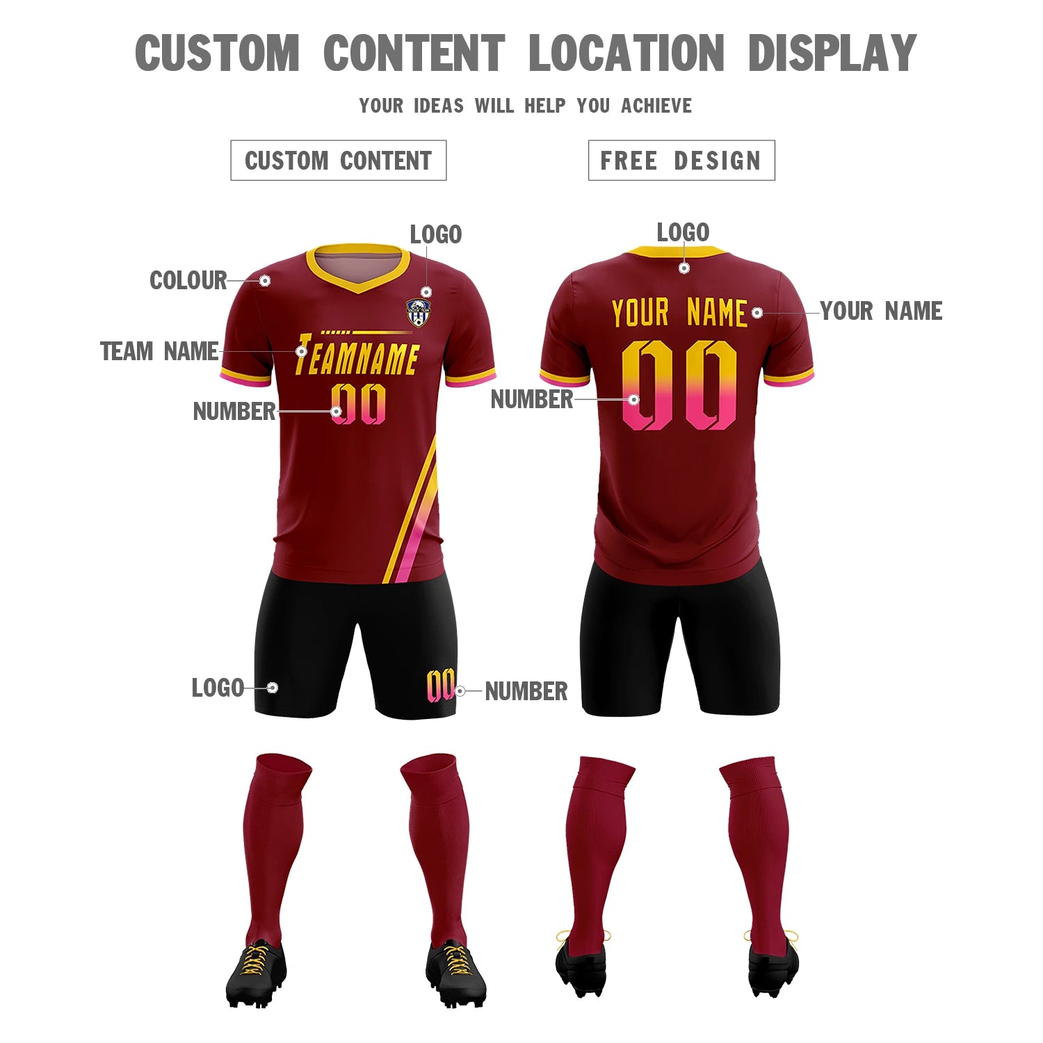 Custom Crimson Gold01-Pink Gradient Fashion Sportswear Soccer Sets Jersey