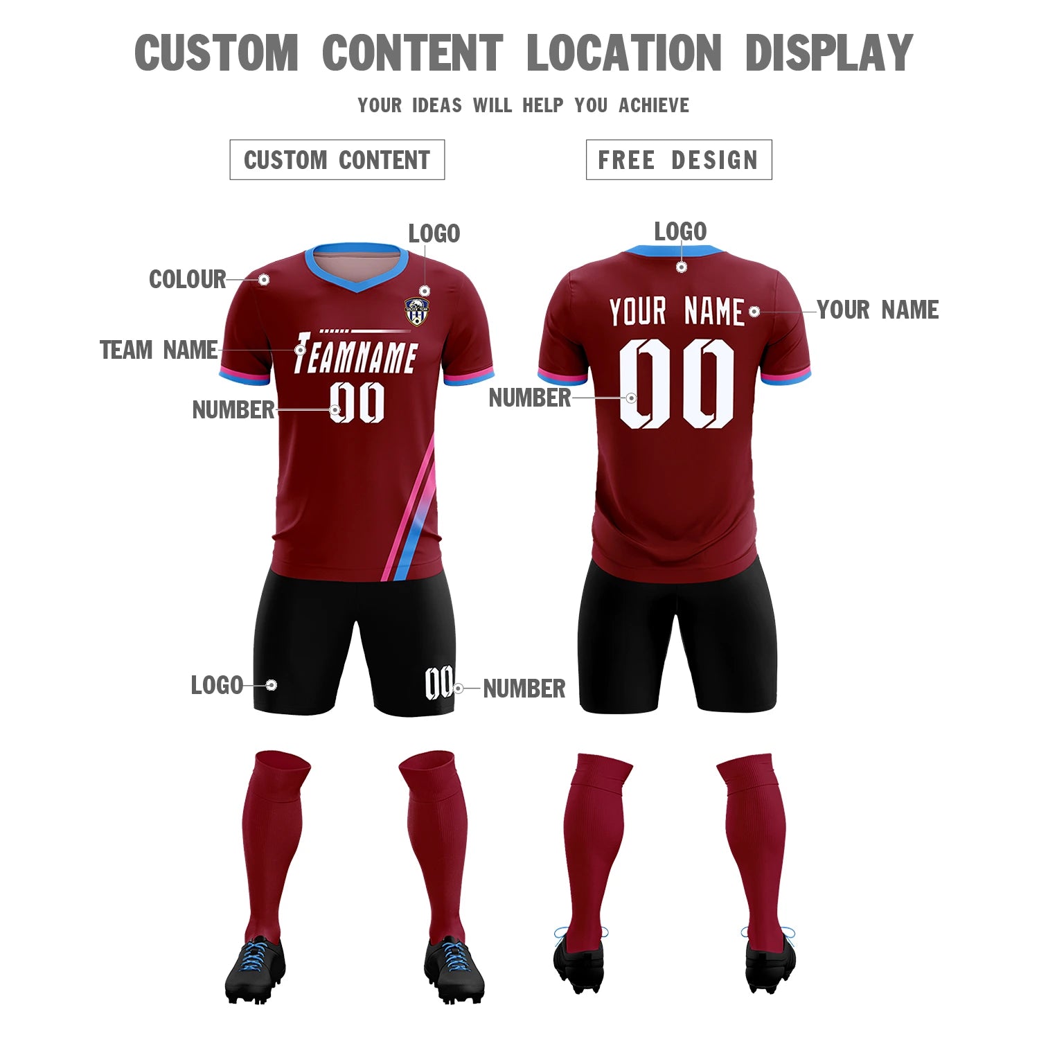 Custom Crimson Pink-Powder Blue Gradient Fashion Sportswear Soccer Sets Jersey