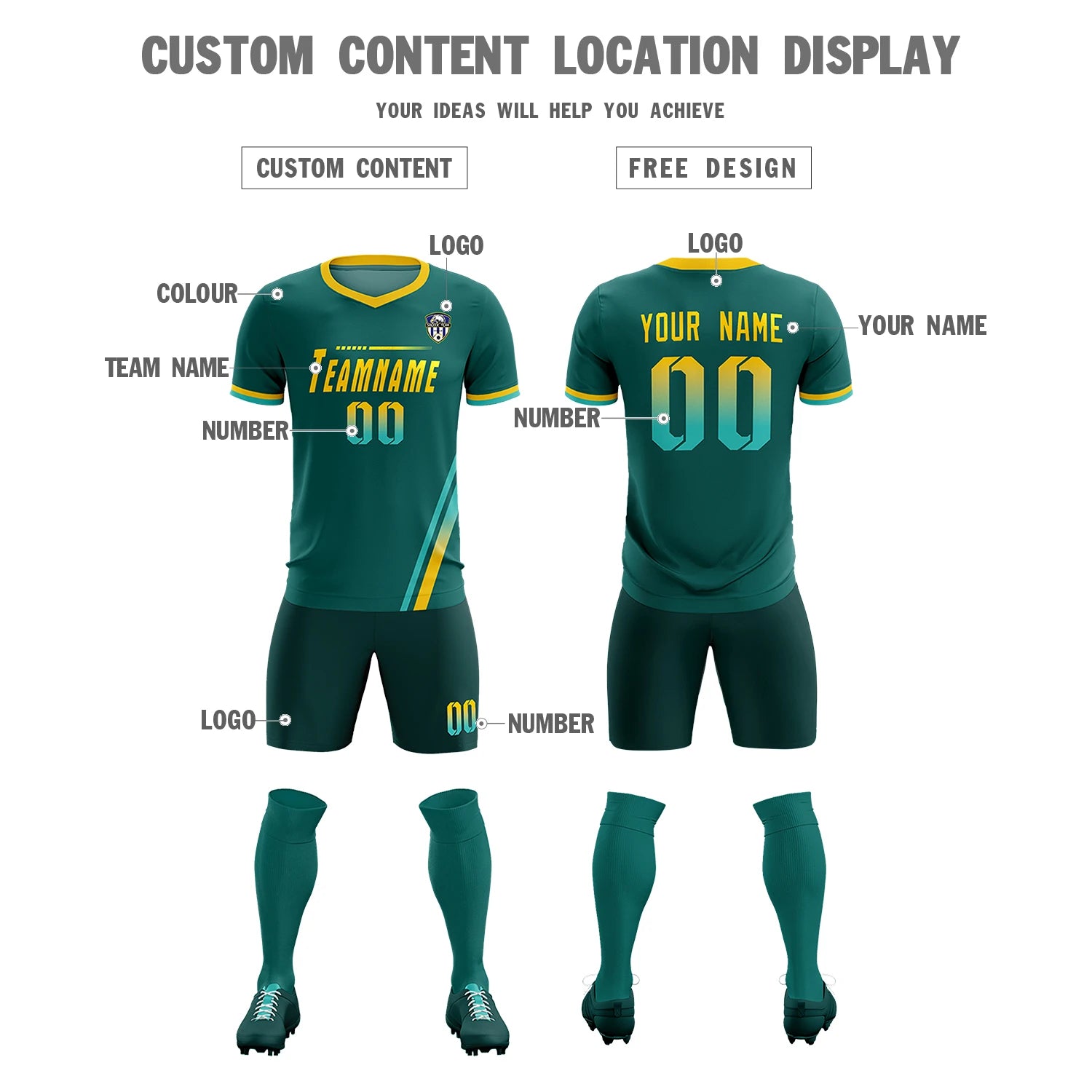 Custom Aqua Bright Green-Gold01 Gradient Fashion Sportswear Soccer Sets Jersey