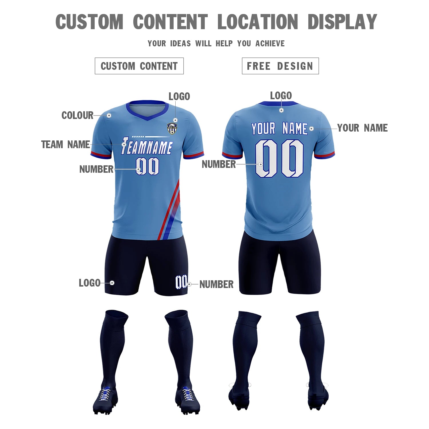 Custom Light Blue Red-Royal Blue Gradient Fashion Sportswear Soccer Sets Jersey