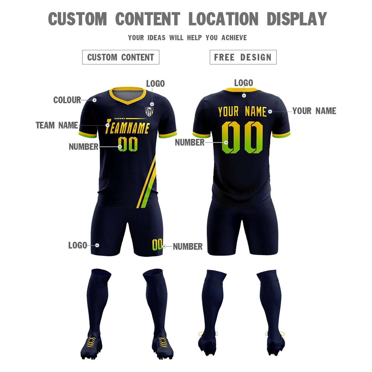 Custom Navy Gold01-Neon Green Gradient Fashion Sportswear Soccer Sets Jersey