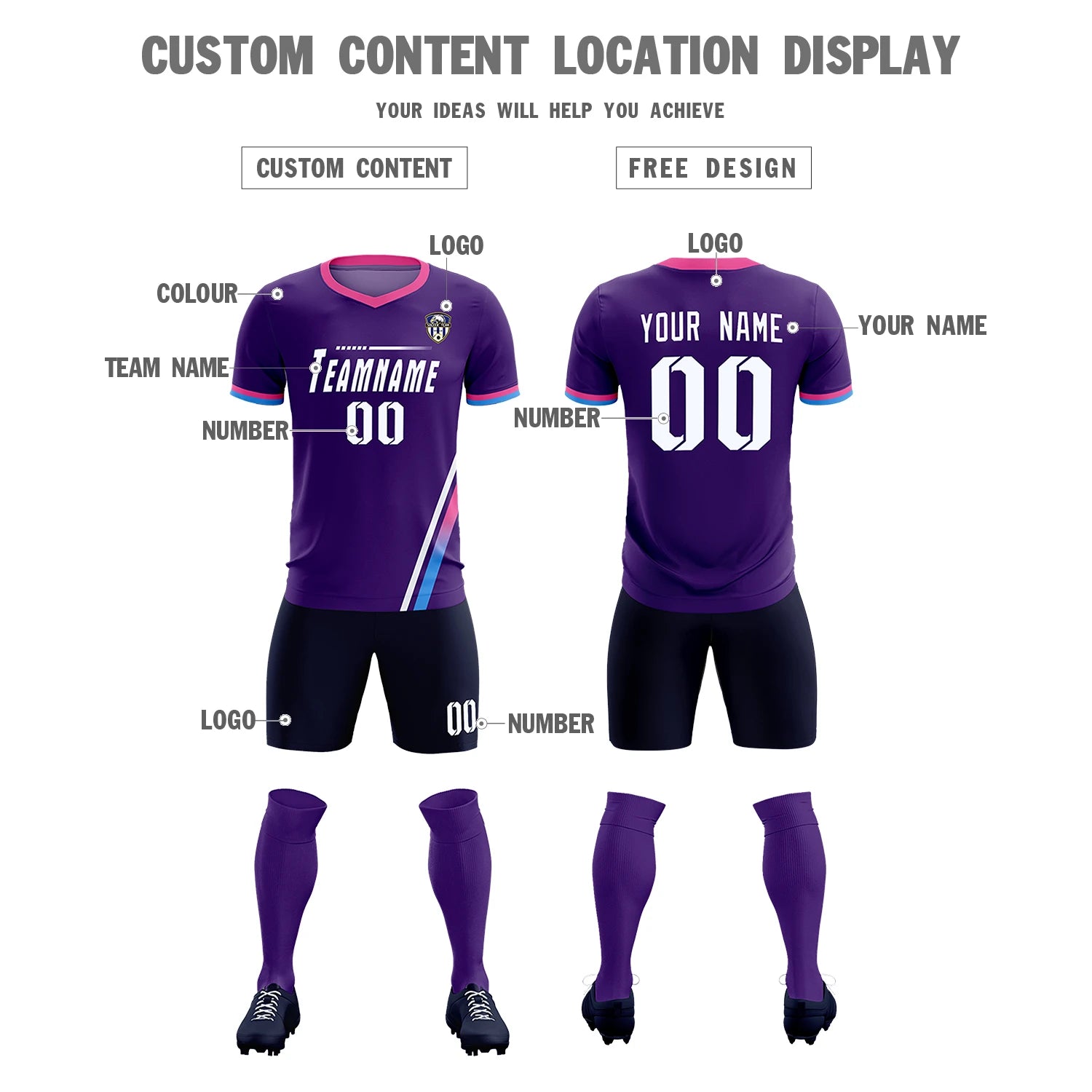 Custom Purple White-Pink Gradient Fashion Sportswear Soccer Sets Jersey