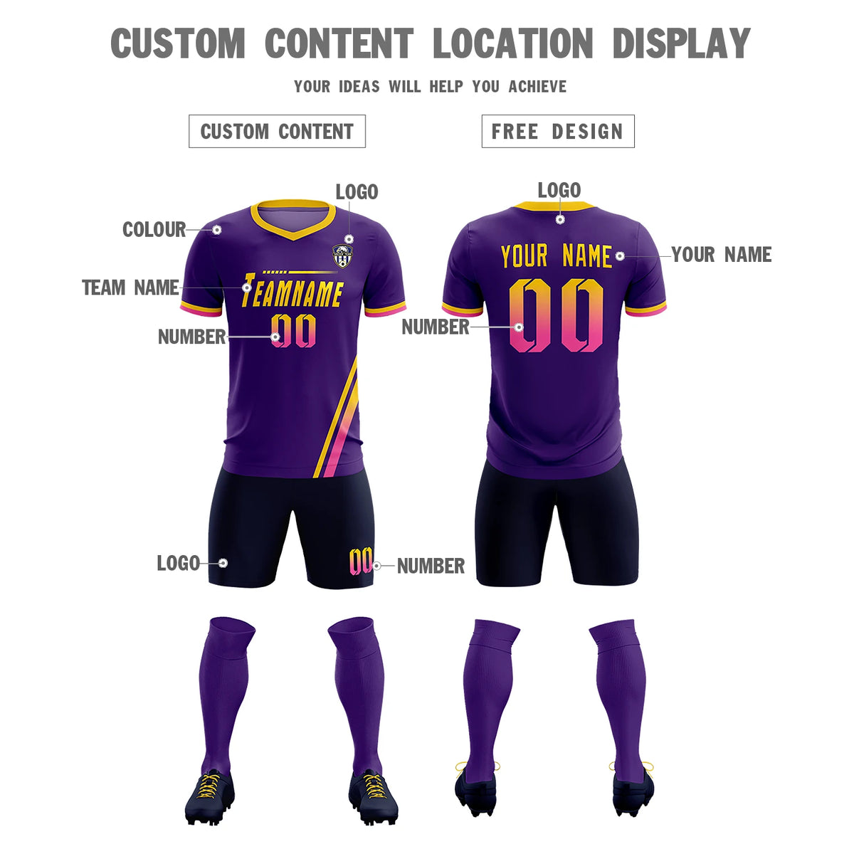 Custom Purple Gold01-Pink Gradient Fashion Sportswear Soccer Sets Jersey