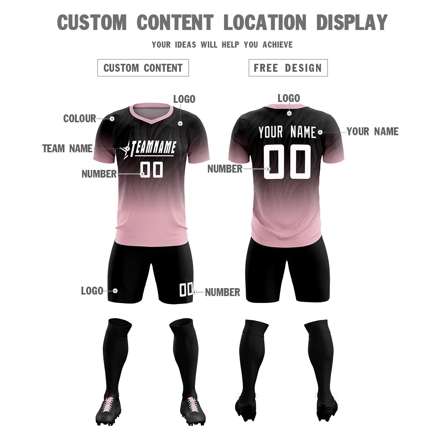 Custom Black Light Pink Printing Sportswear Soccer Sets Jersey