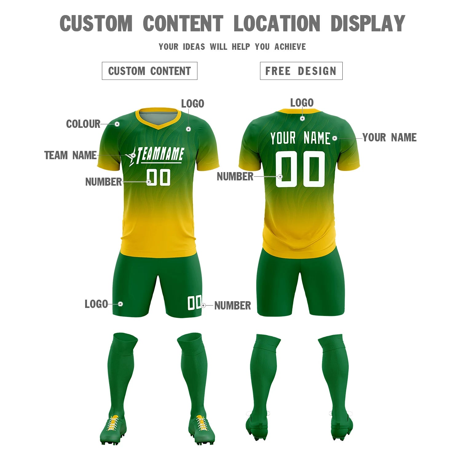 Custom Kelly Green Gold01 Printing Sportswear Soccer Sets Jersey