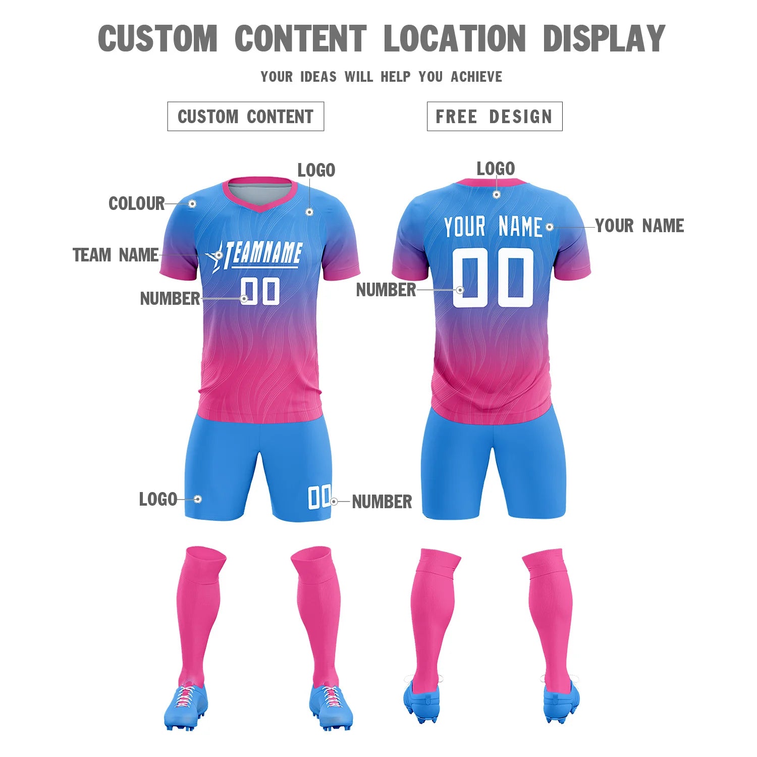 Custom Powder Blue Pink Printing Sportswear Soccer Sets Jersey