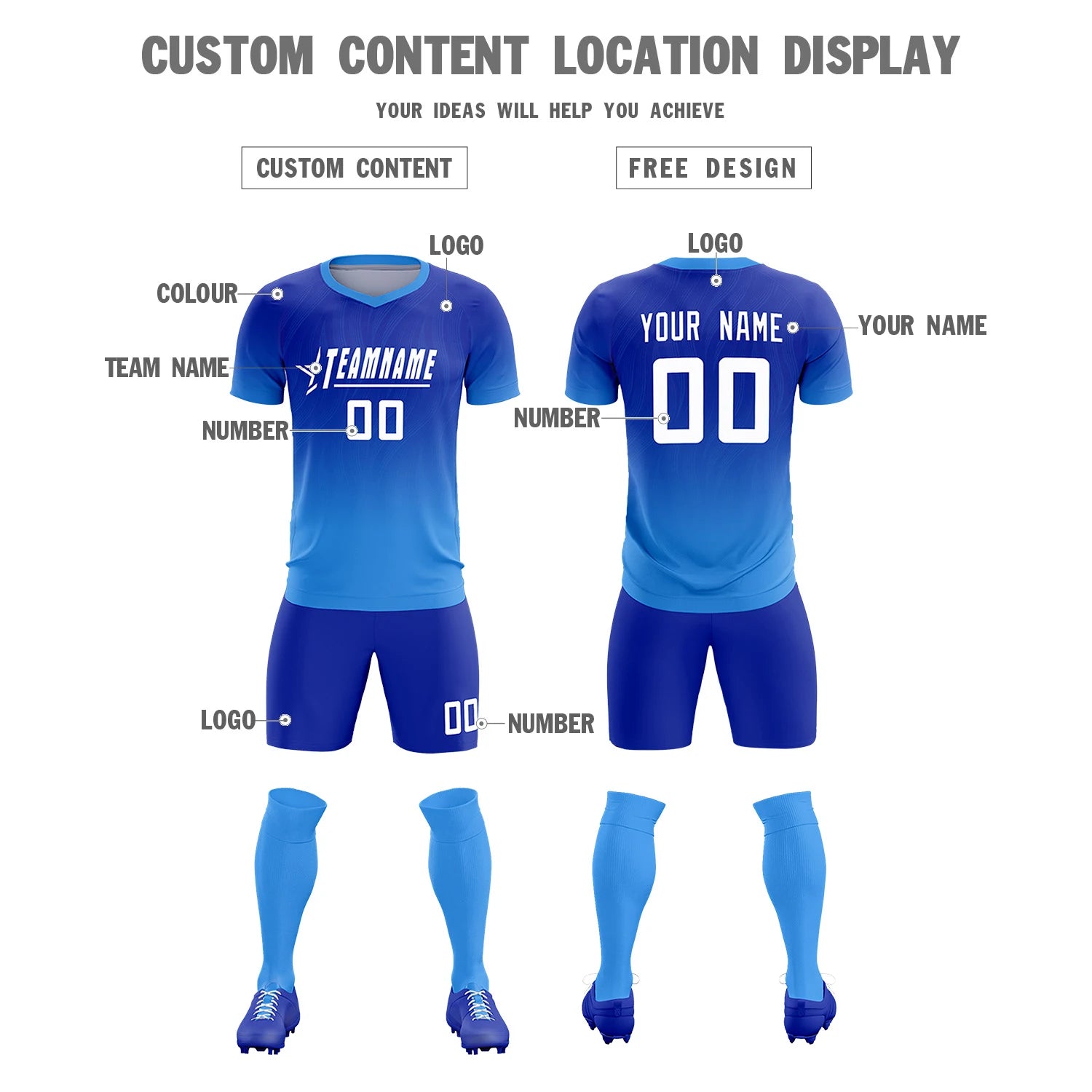 Custom Royal Blue Powder Blue Printing Sportswear Soccer Sets Jersey