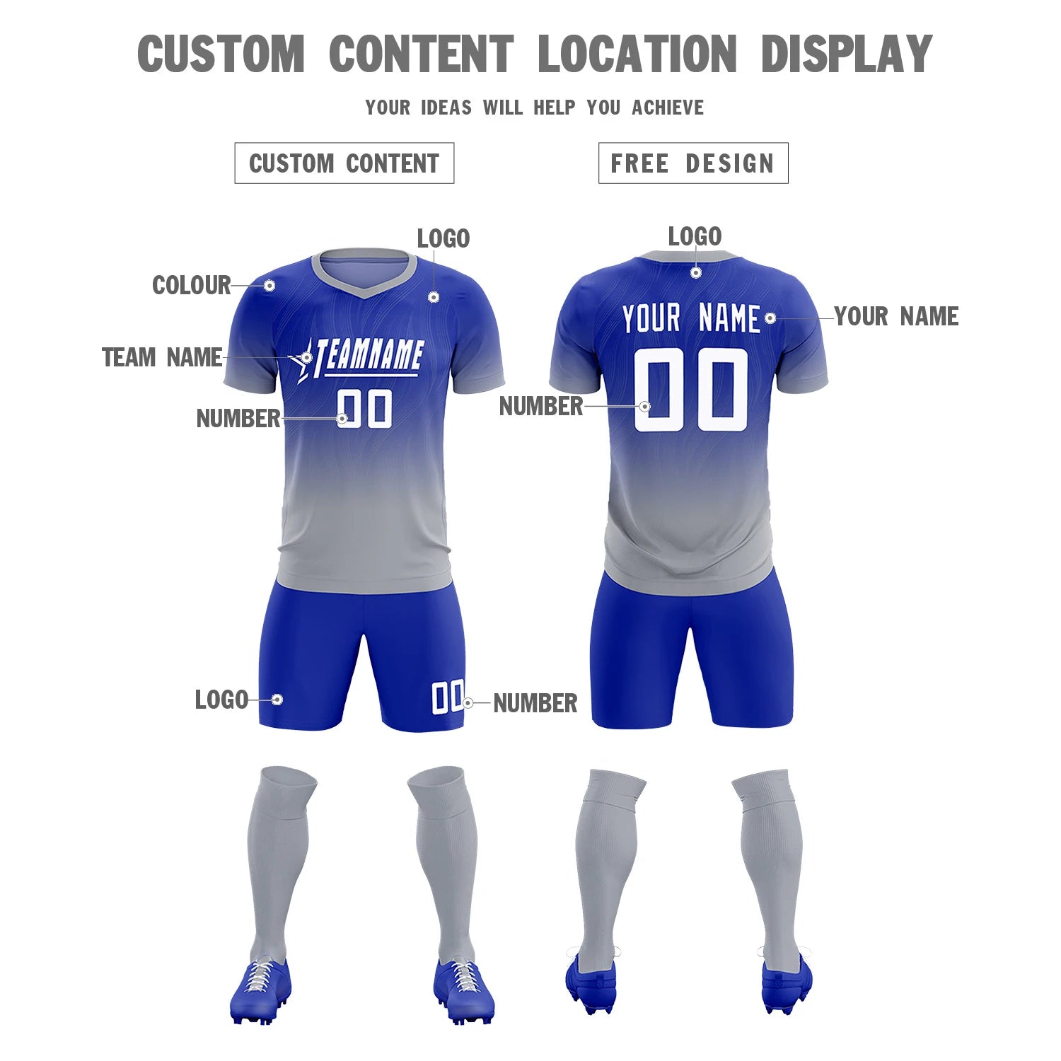 Custom Royal Blue Gray Printing Sportswear Soccer Sets Jersey