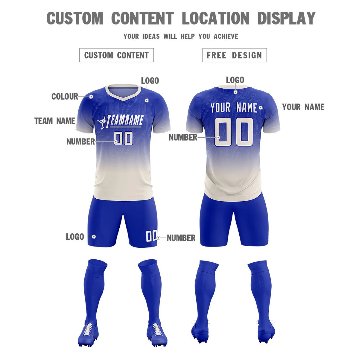 Custom Royal Blue Khaki Printing Sportswear Soccer Sets Jersey