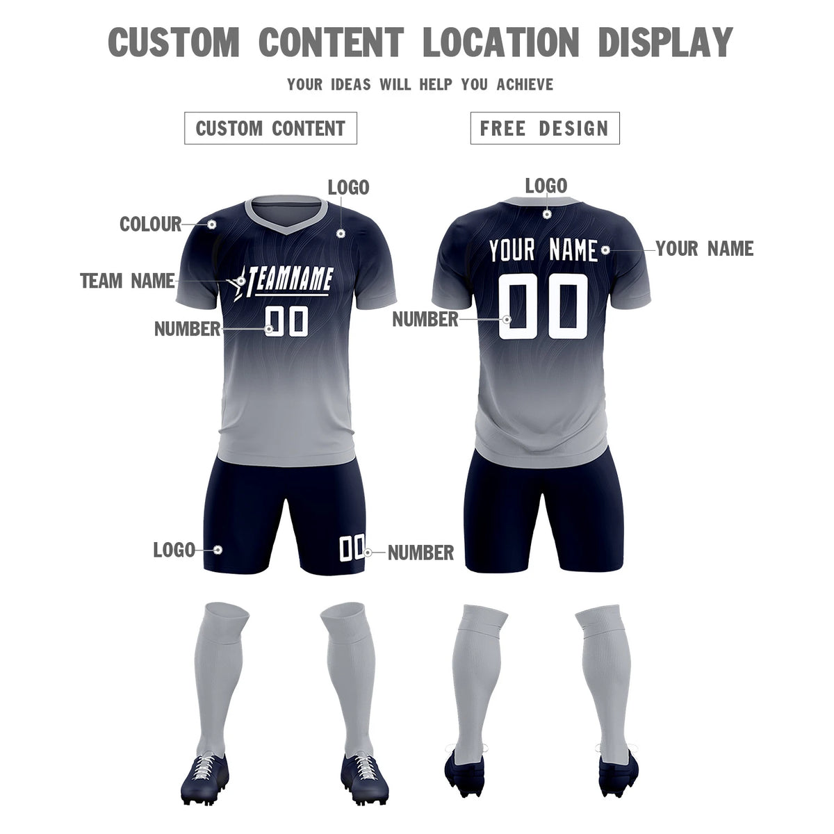 Custom Navy Gray Printing Sportswear Soccer Sets Jersey
