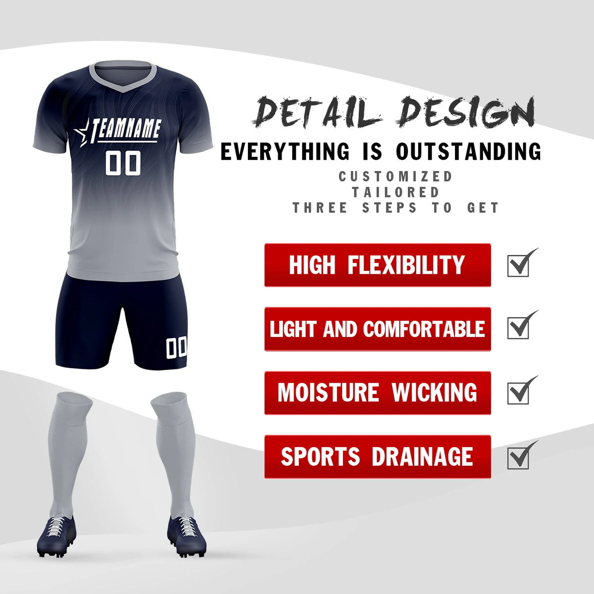 Custom Navy Gray Printing Sportswear Soccer Sets Jersey