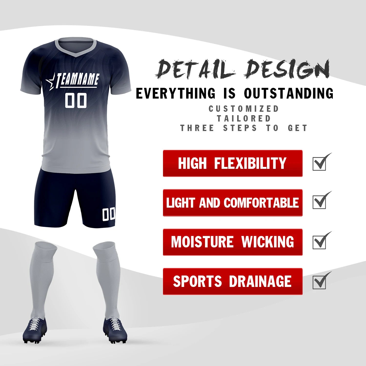 Custom Navy Gray Printing Sportswear Soccer Sets Jersey